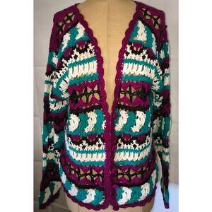 Vintage Crochet cardigan sweater AJ Brandon purple white teal black Size medium